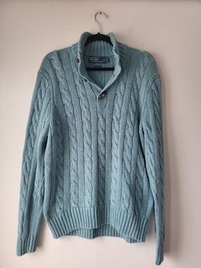 Polo by Ralph Lauren Teal Preppy Silk Cable Knit Funnel Neck Sweater